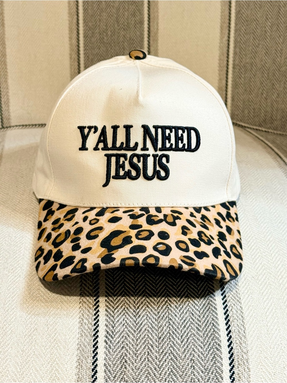 Y'ALL NEED JESUS Leopard Brim Baseball Cap - White